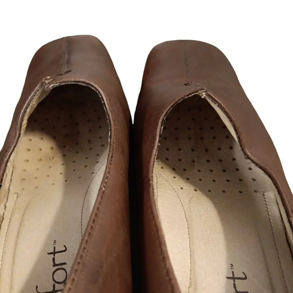 Strictly Comfort Women's 8W‎ Brown Leather Slip-On Shoe Square Toe Block Heel